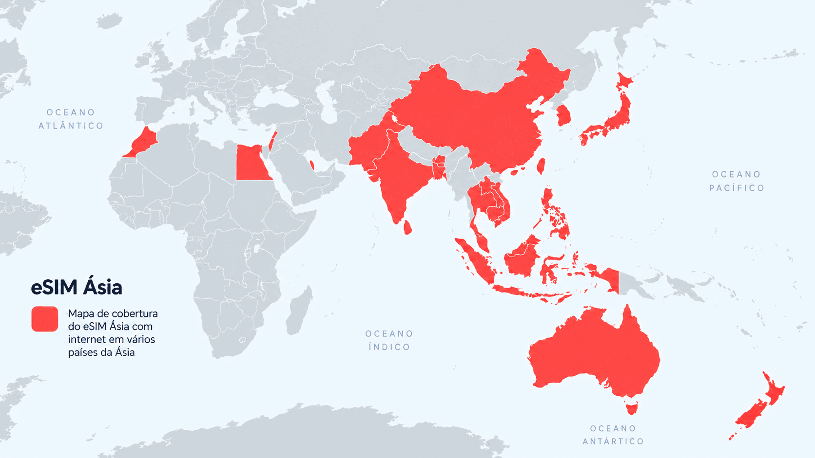 Mapa de cobertura da Ásia e Oceania